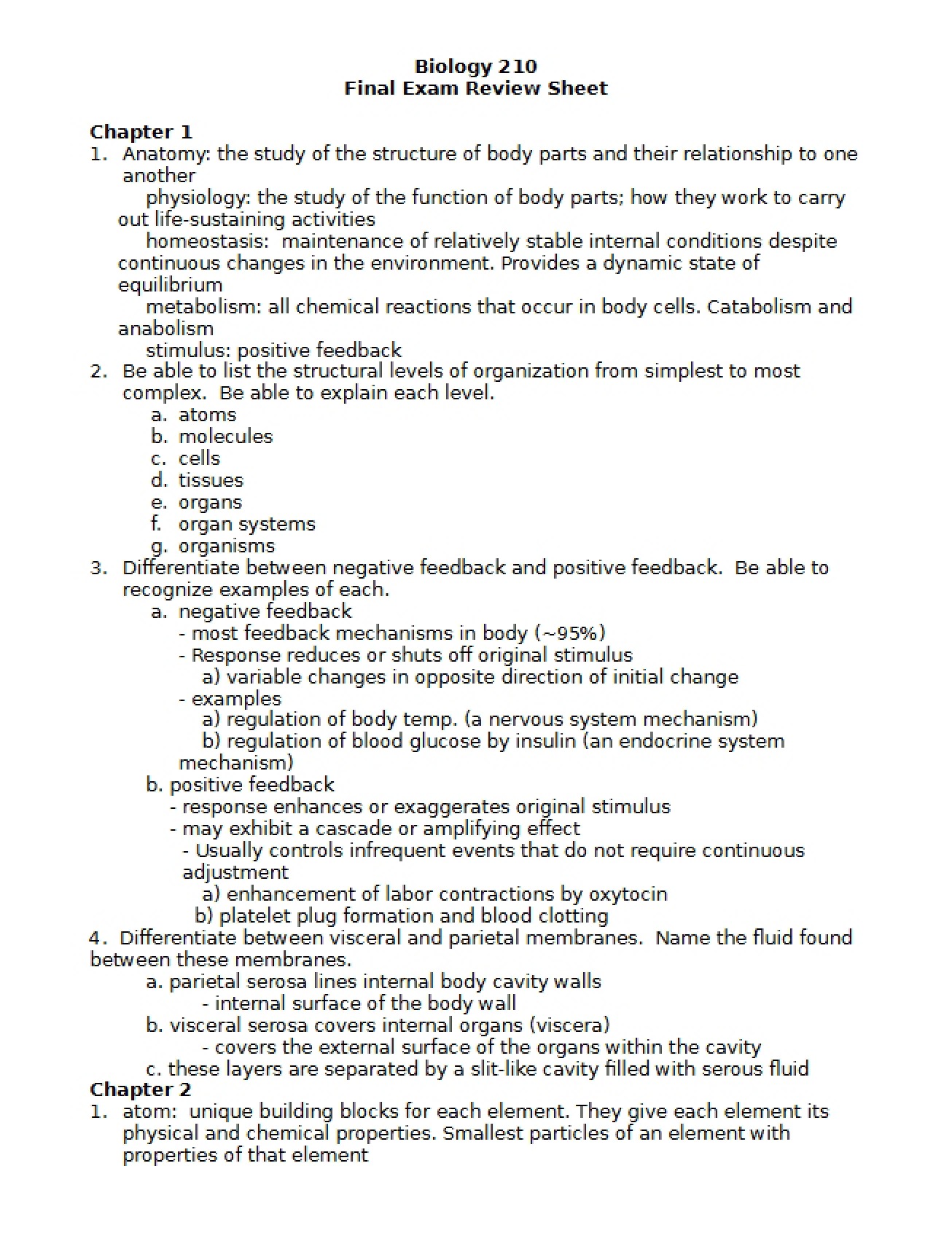 Final Review for Bio 210