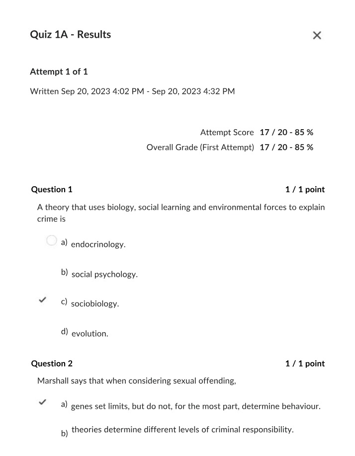 Results for Quiz 1A