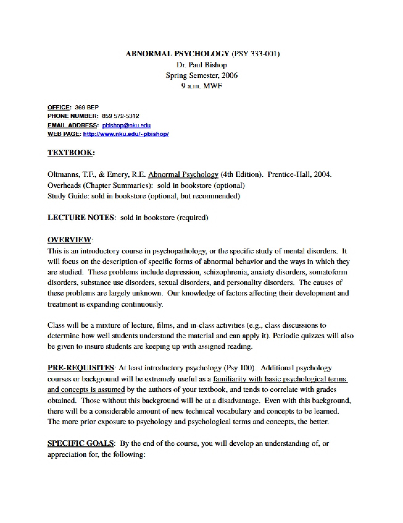 Abnormal Psychology Syllabus