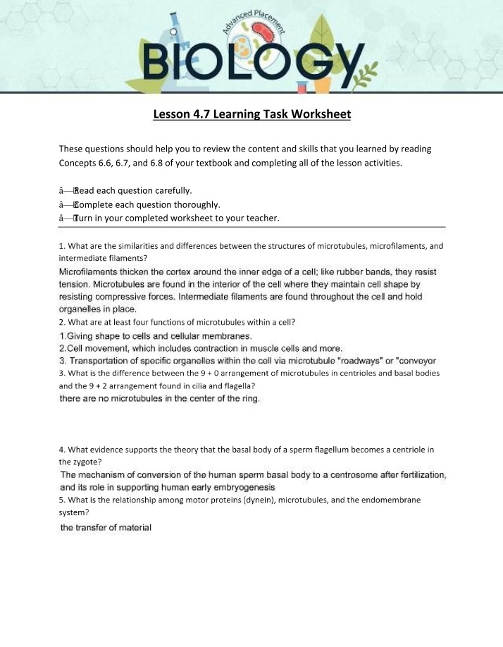 Worksheet for Lesson 4.7 Learning Task