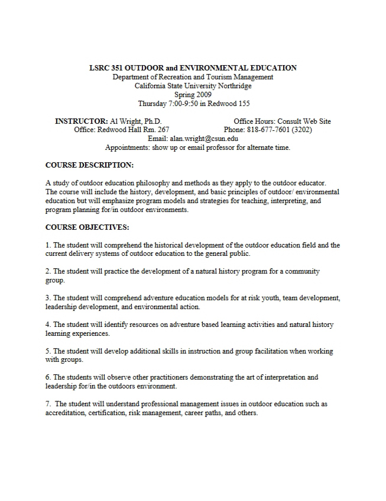 Outdoor Environmental Education Syllabus