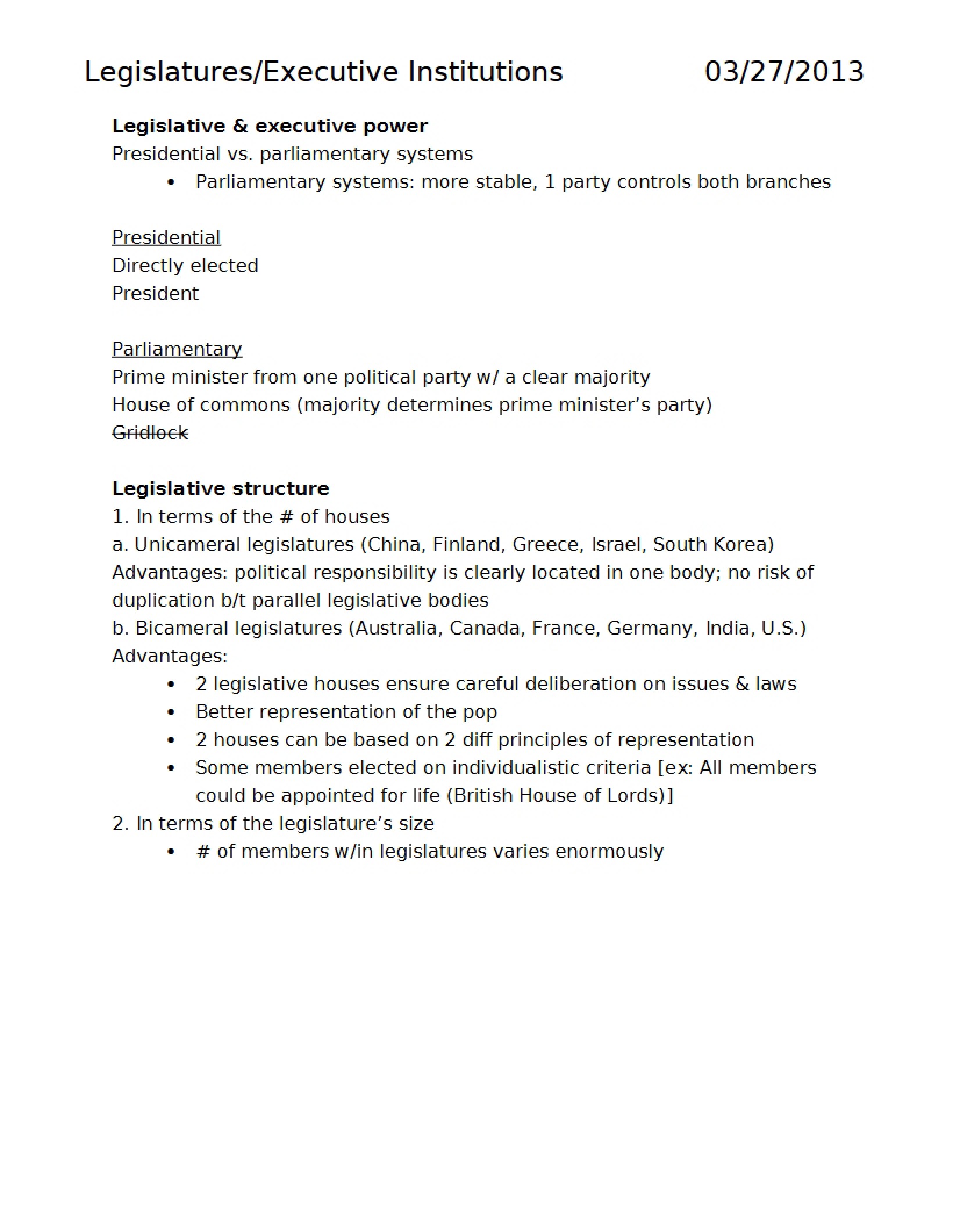 Executive Institutions and Legislatures