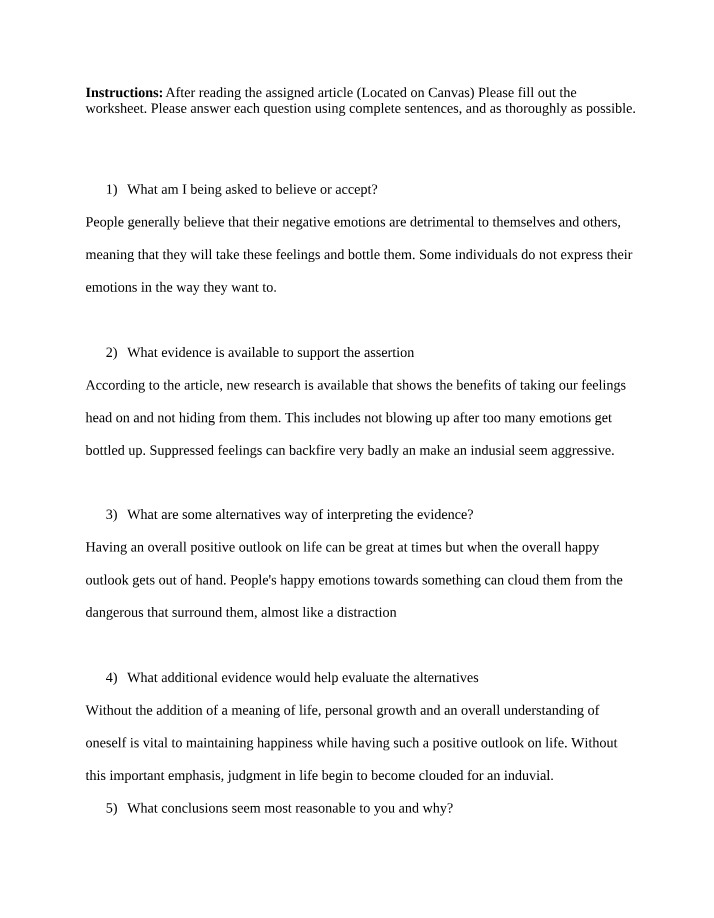 Embracing Negative Emotions for Sustained Happiness - Worksheet