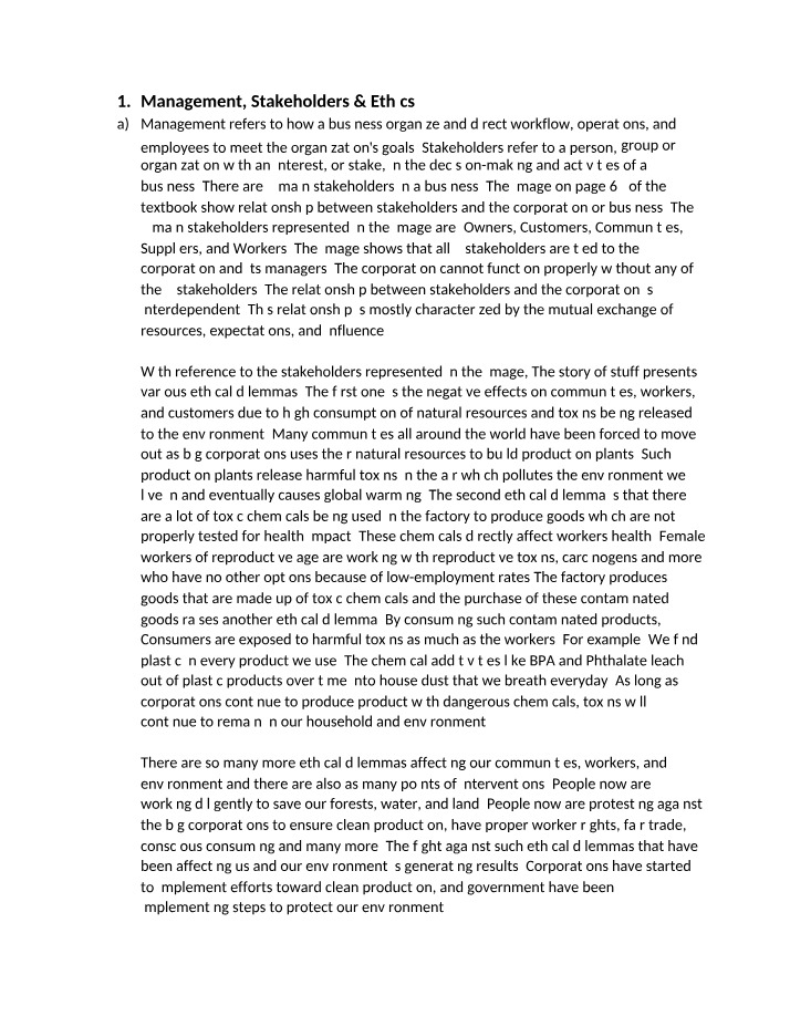Management, Stakeholders, and Ethics