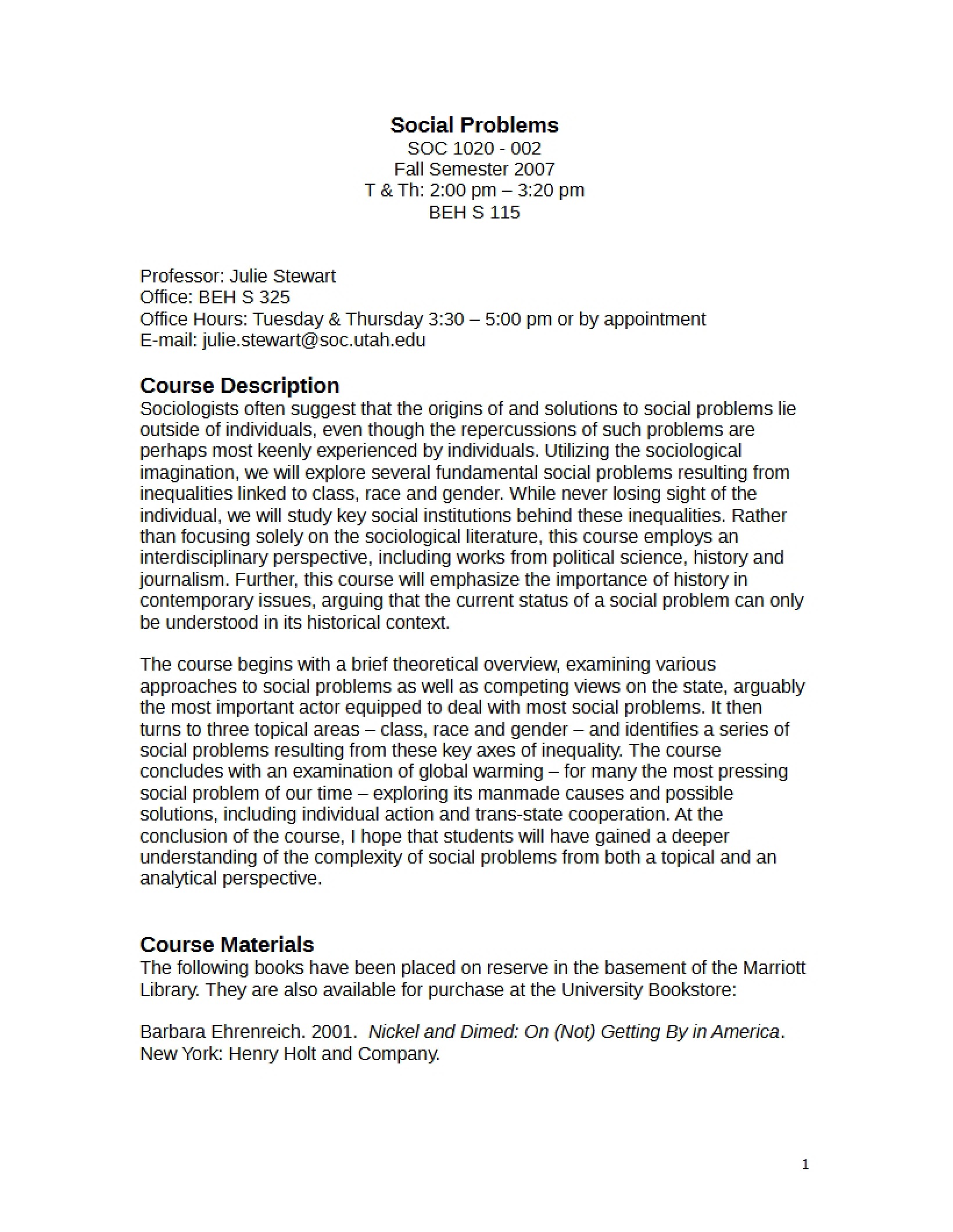 Social Problems Syllabus