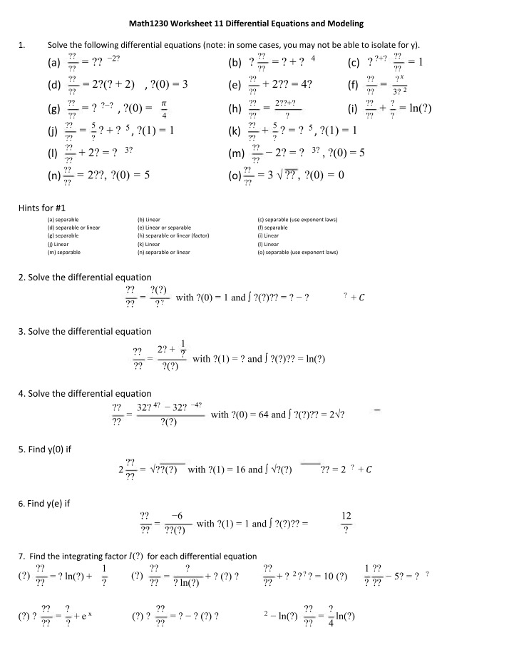 Worksheet 11 for MATH1230