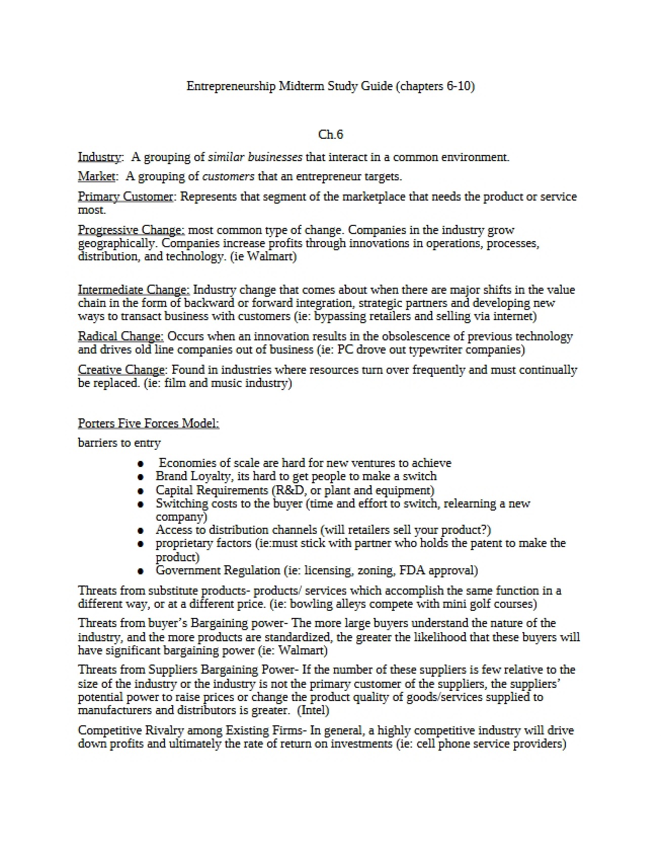 Study Guide for Entrepreneurship Midterm