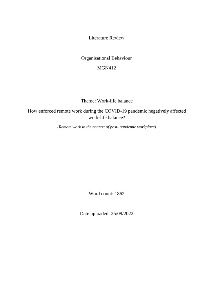 Work-Life Balance and Remote Work - A Literature Review