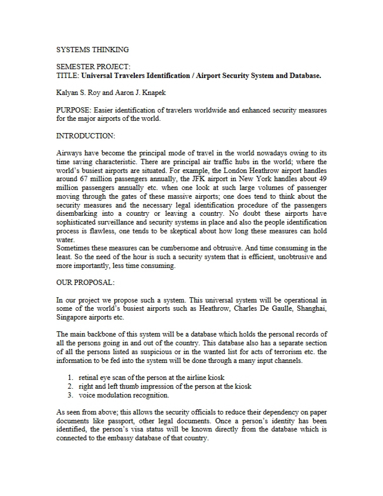 Systems Proposal Universal Travelers Airport Security System