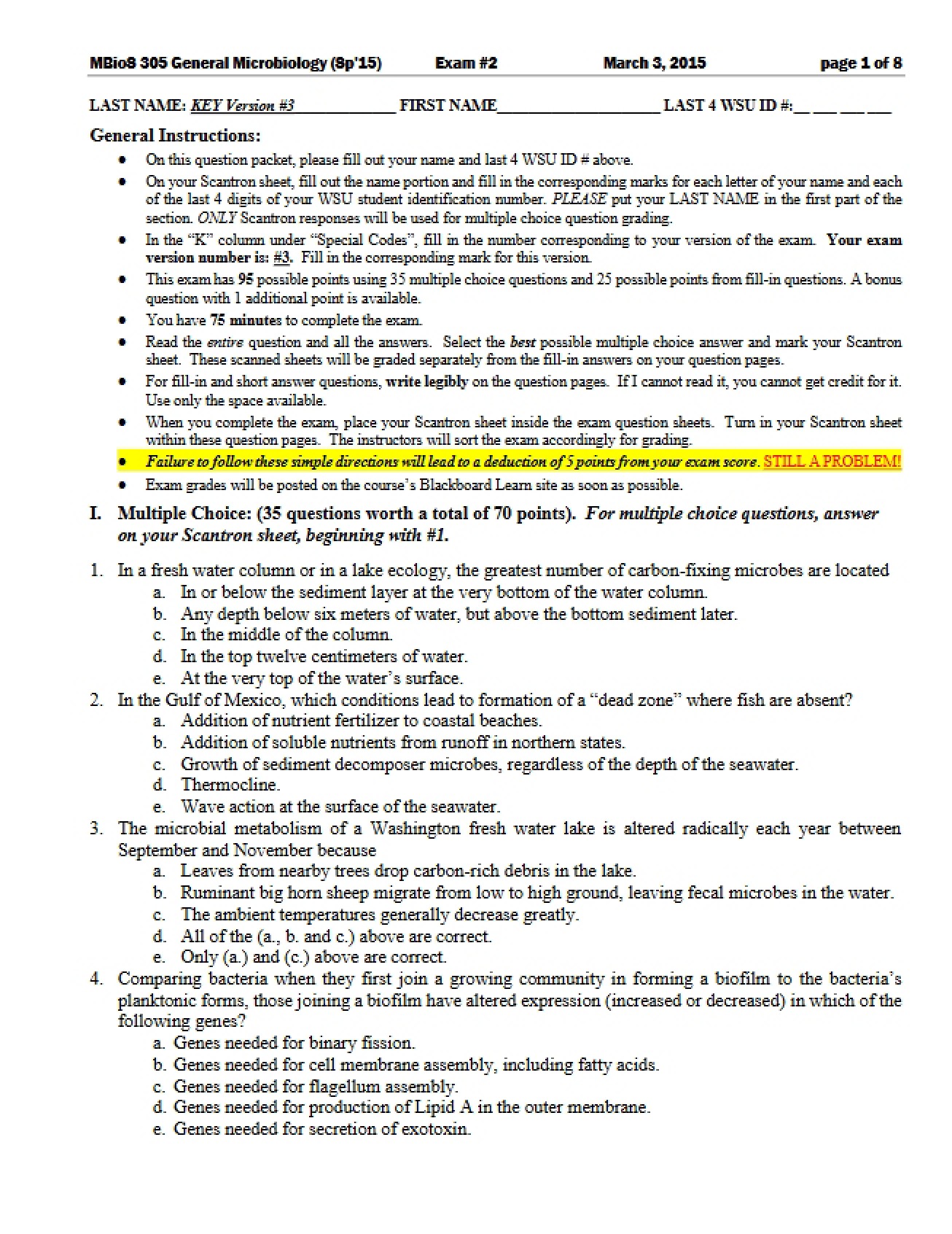 Key for Exam 2 Version 3 (Spring 2015)