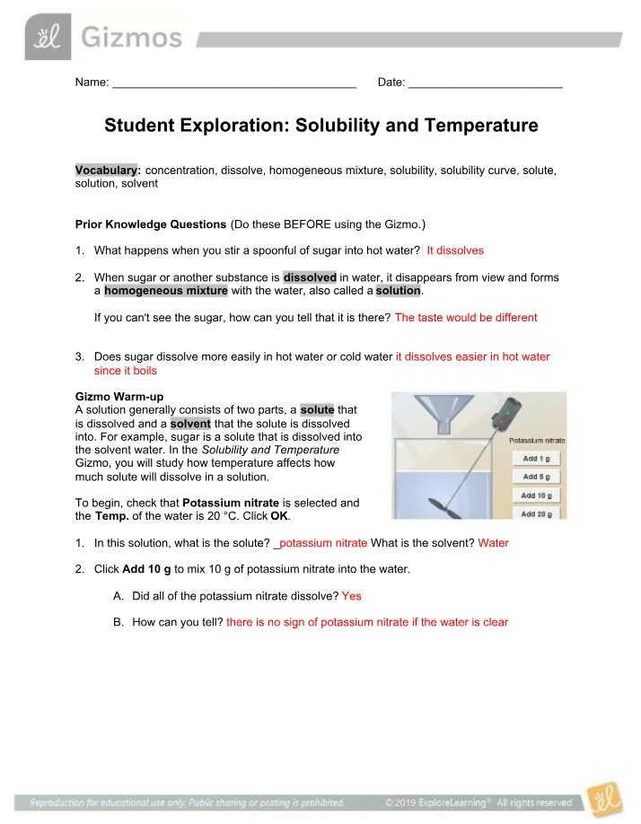 Student Exploration - Solubility and Temperature Gizmos