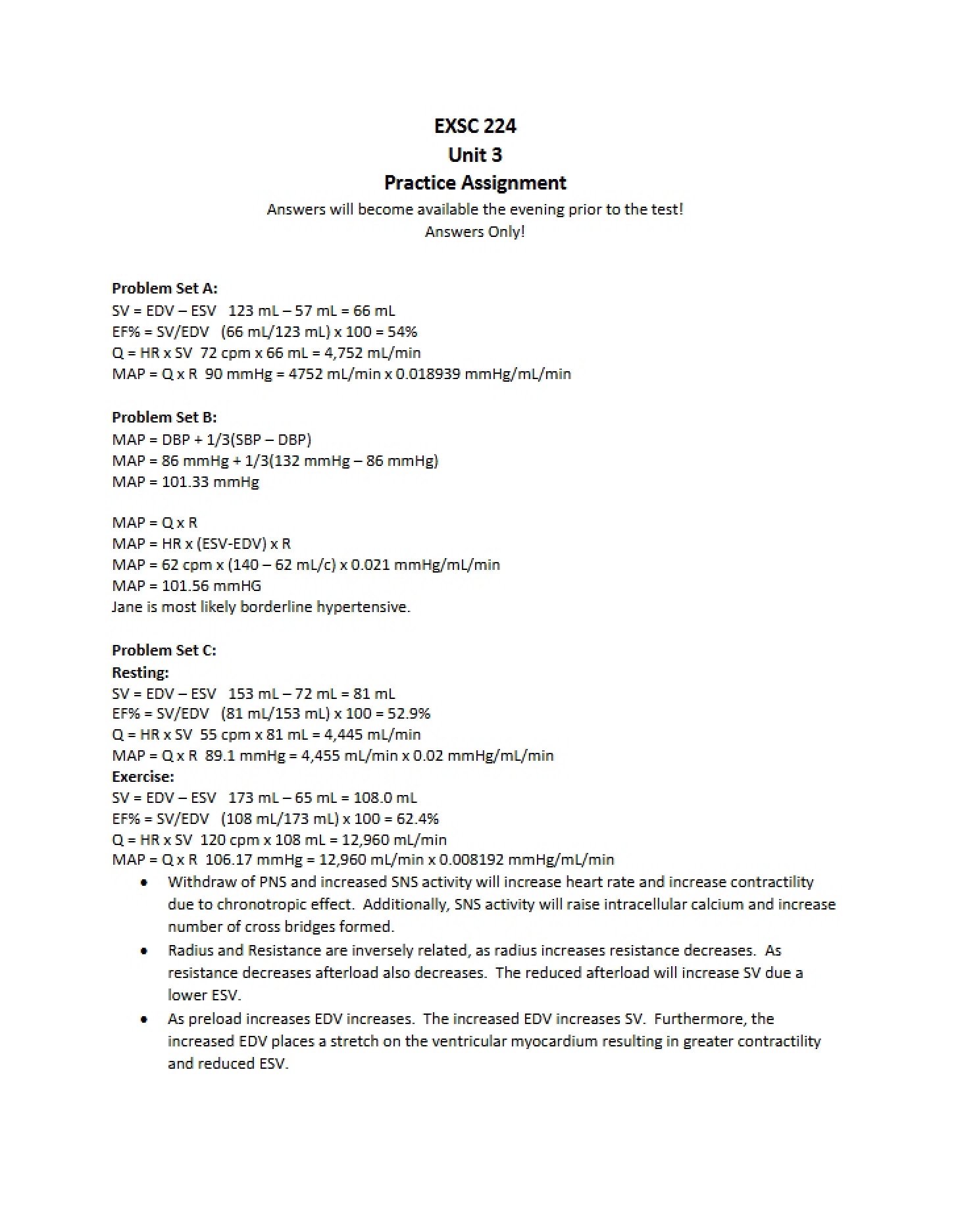 Cardiovascular Unit Exercises Answers