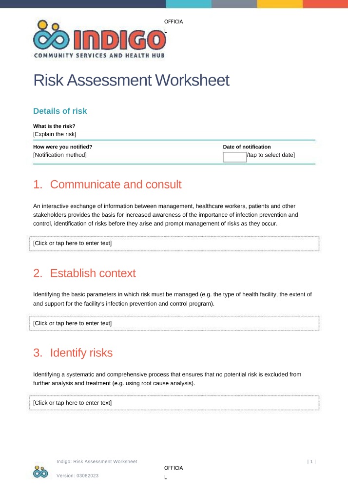 Worksheet for Risk Assessment