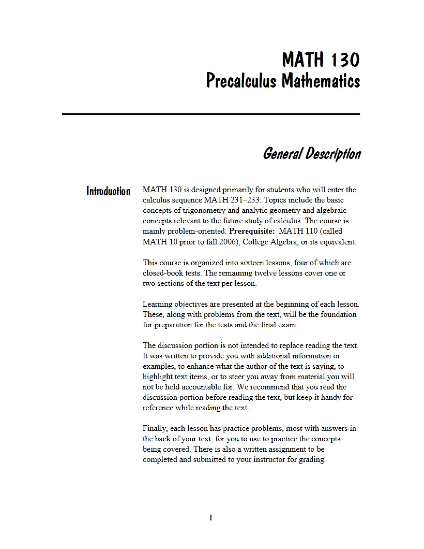 Math 130 Course Syllabus