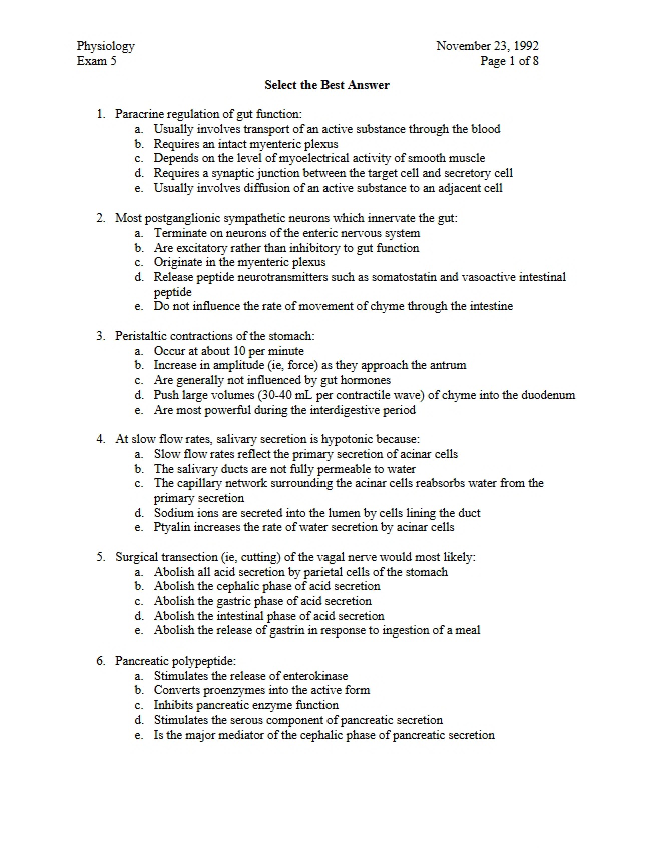 Fourth Physiology Exam (1992)