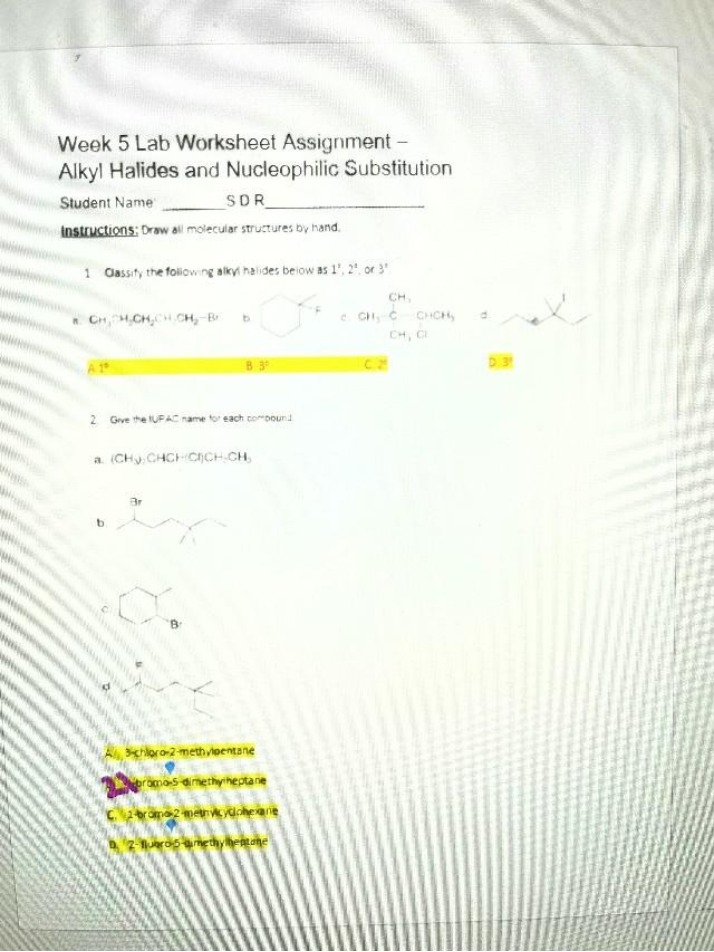 Week 5 Lab Worksheet - Alkyl Halides and Nucleophilic Substitution