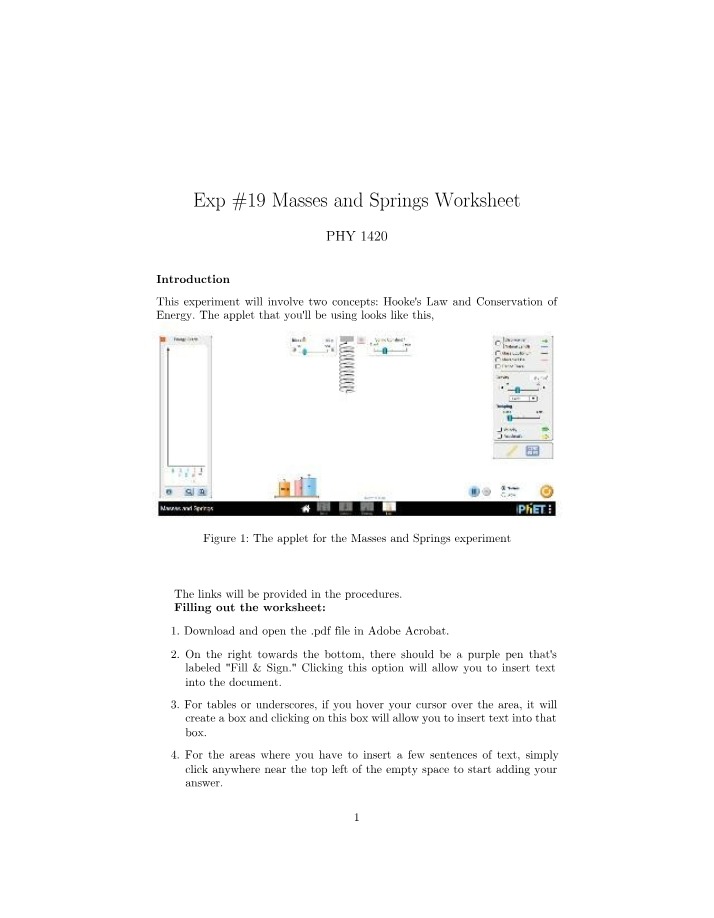 Worksheet on Masses and Springs