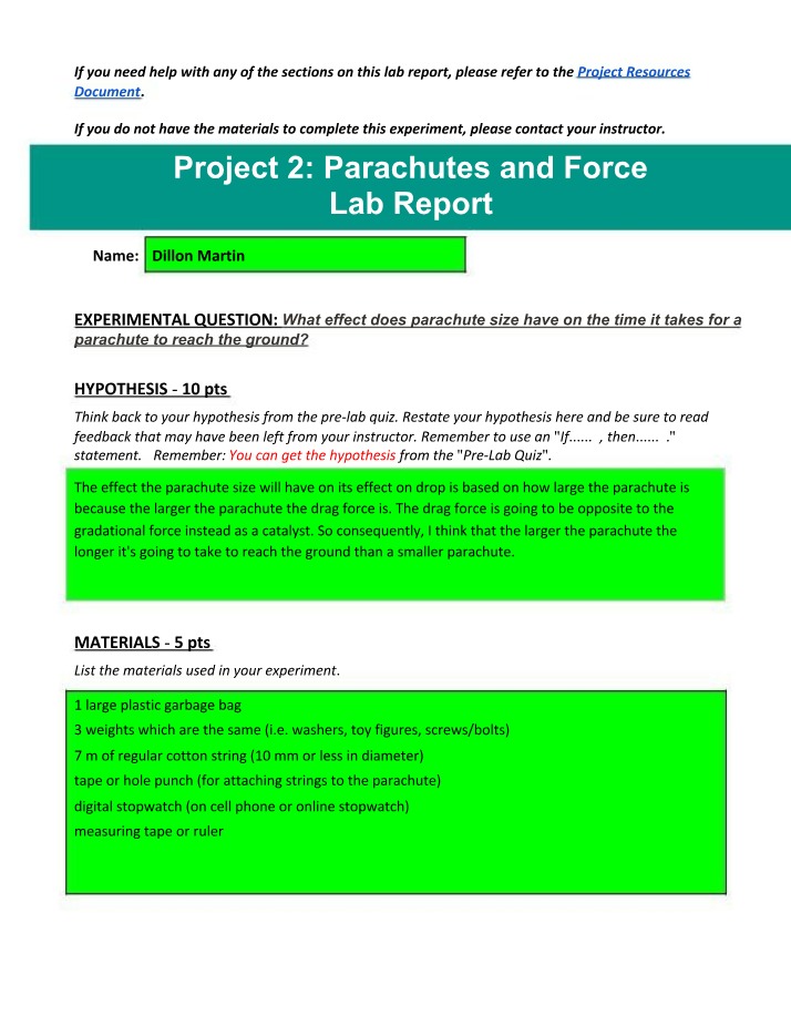 Effect of Parachute Size on Drop Time - Lab Report