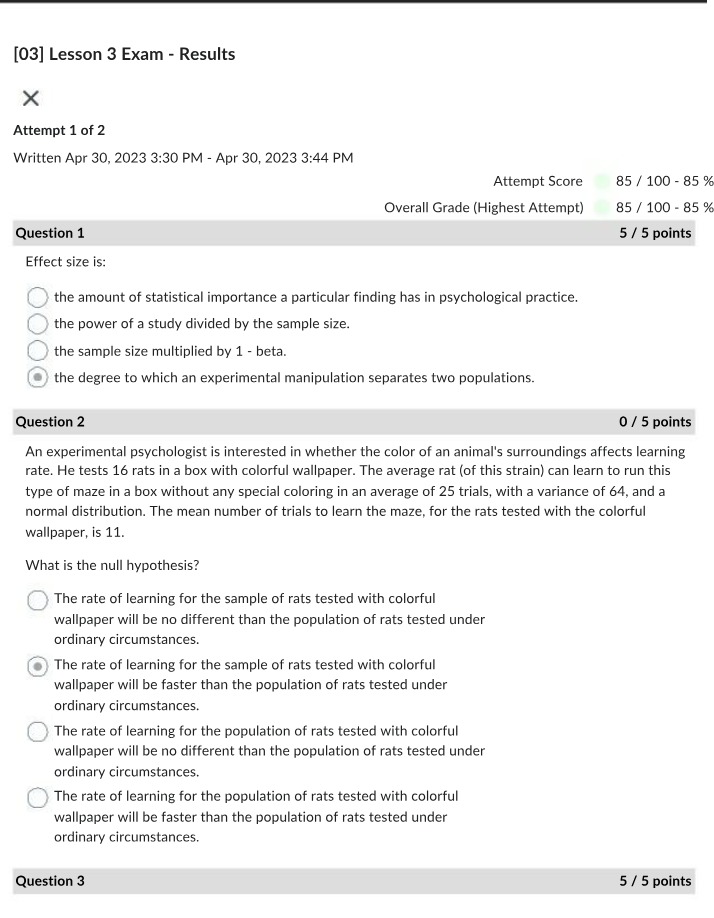 Results for Lesson 3 Exam