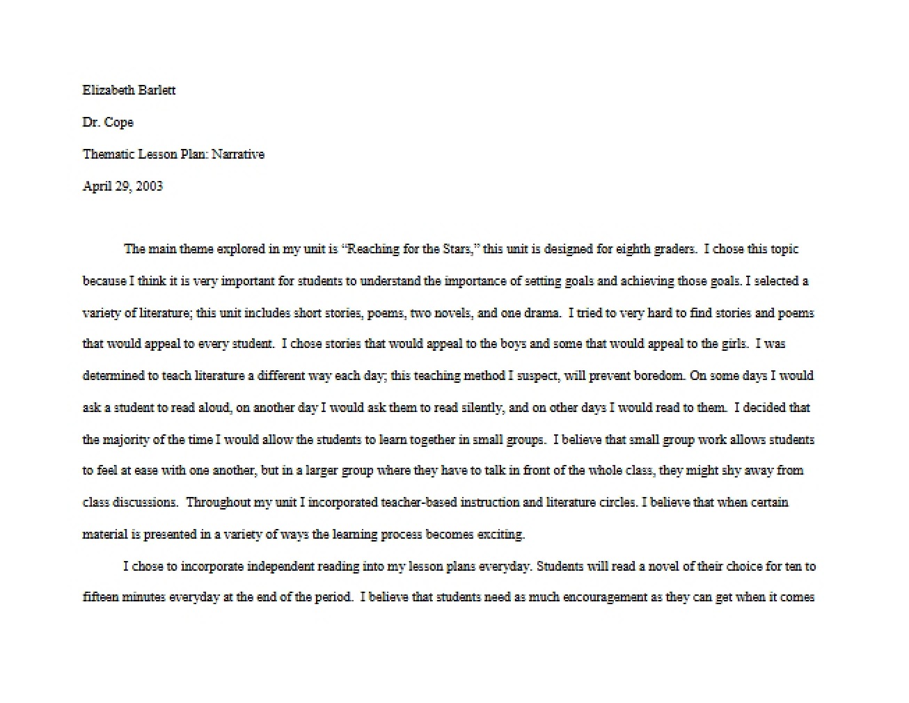 Lesson Plan Based on Thematic Organization