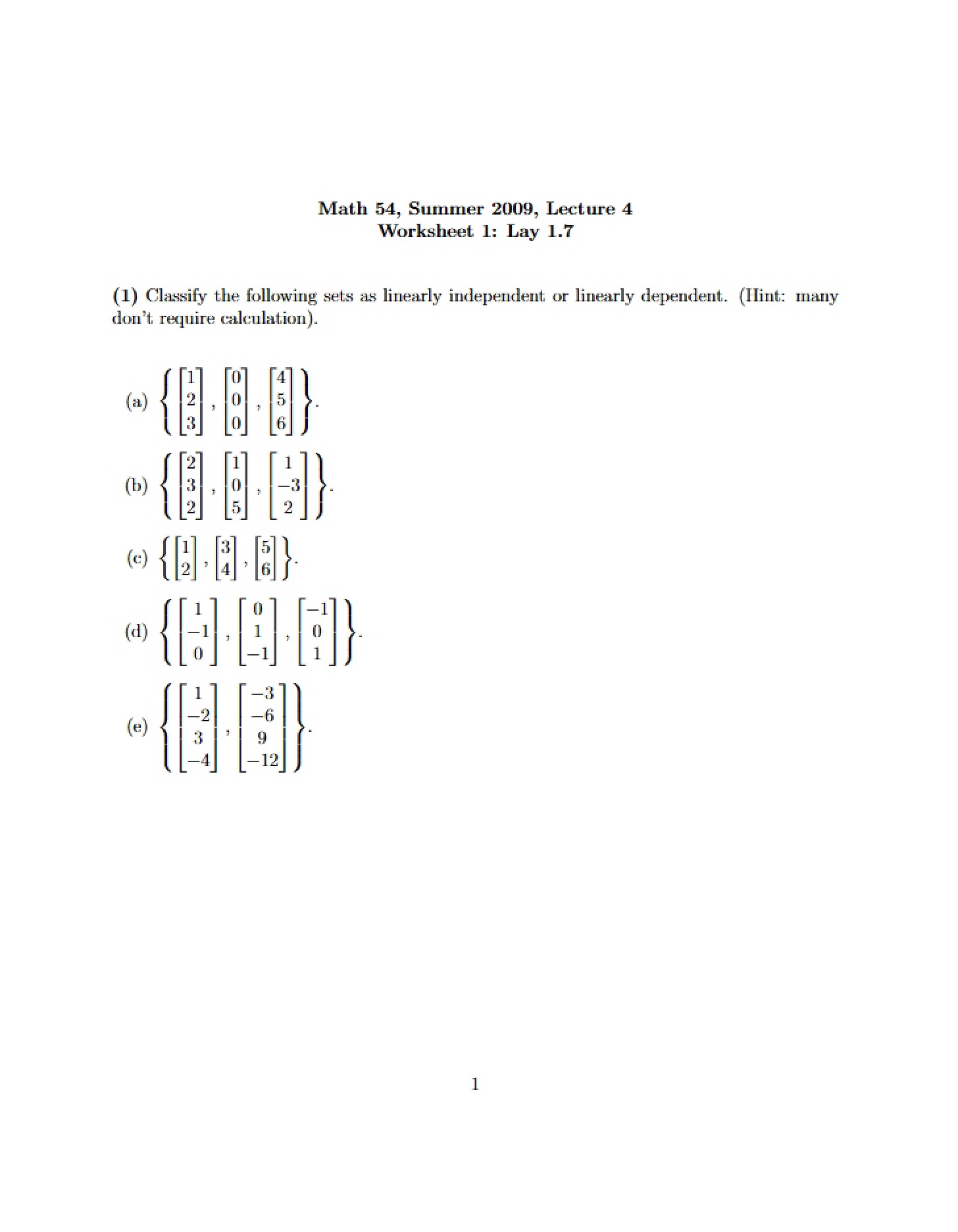 Worksheet 1 (Lecture 4)