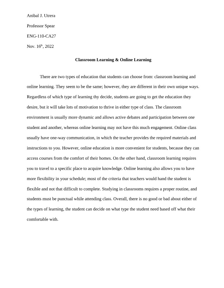 Online Learning vs. Classroom Learning