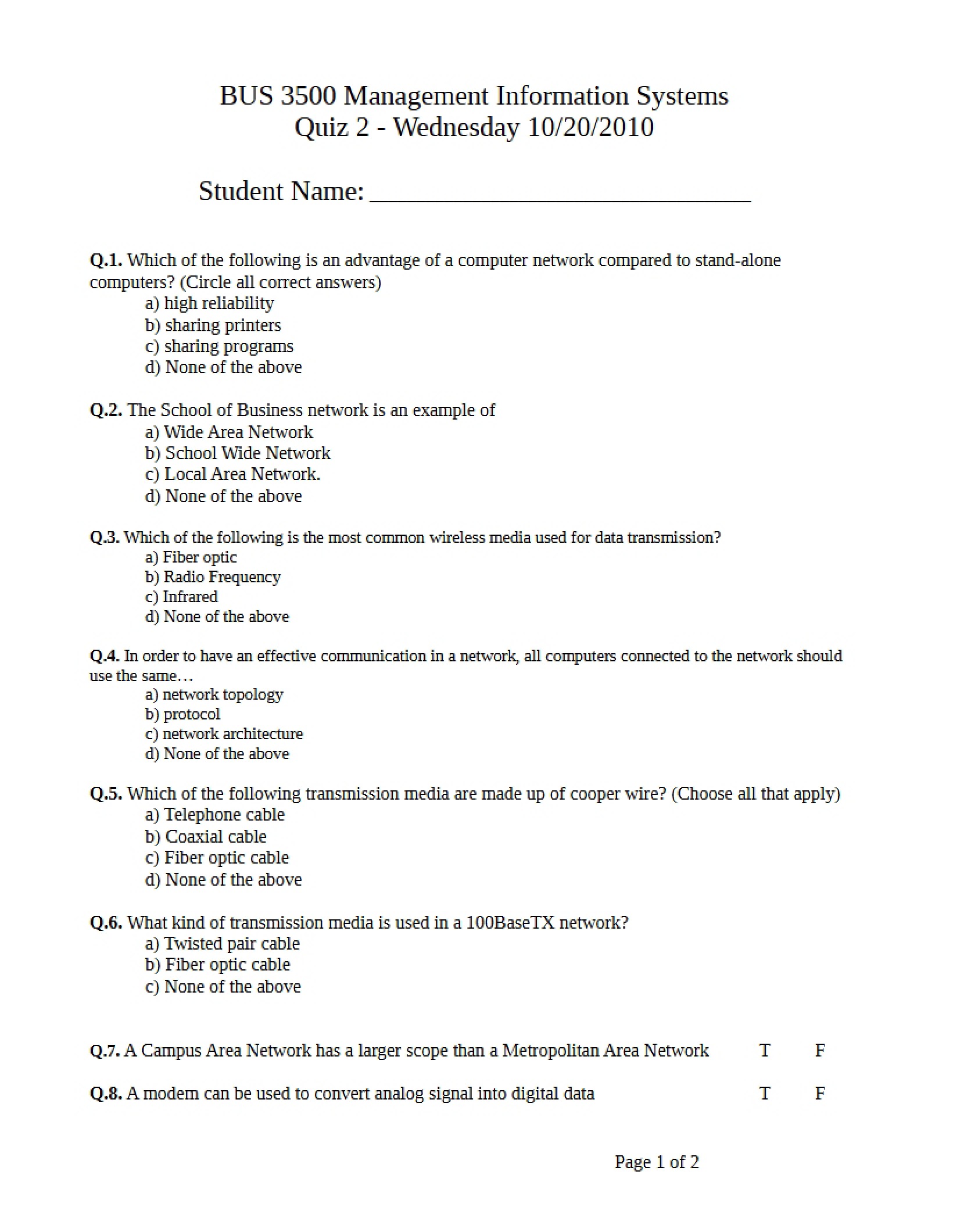 Quiz Two (Fall 10)