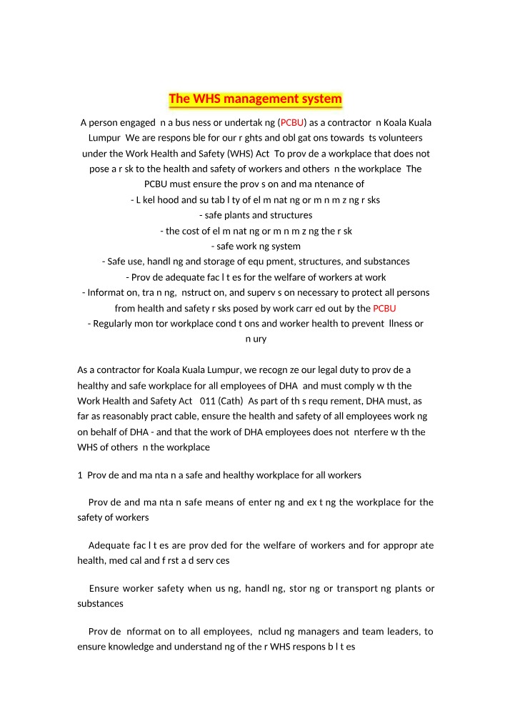 WHS - Creating a Safe and Healthy Workplace