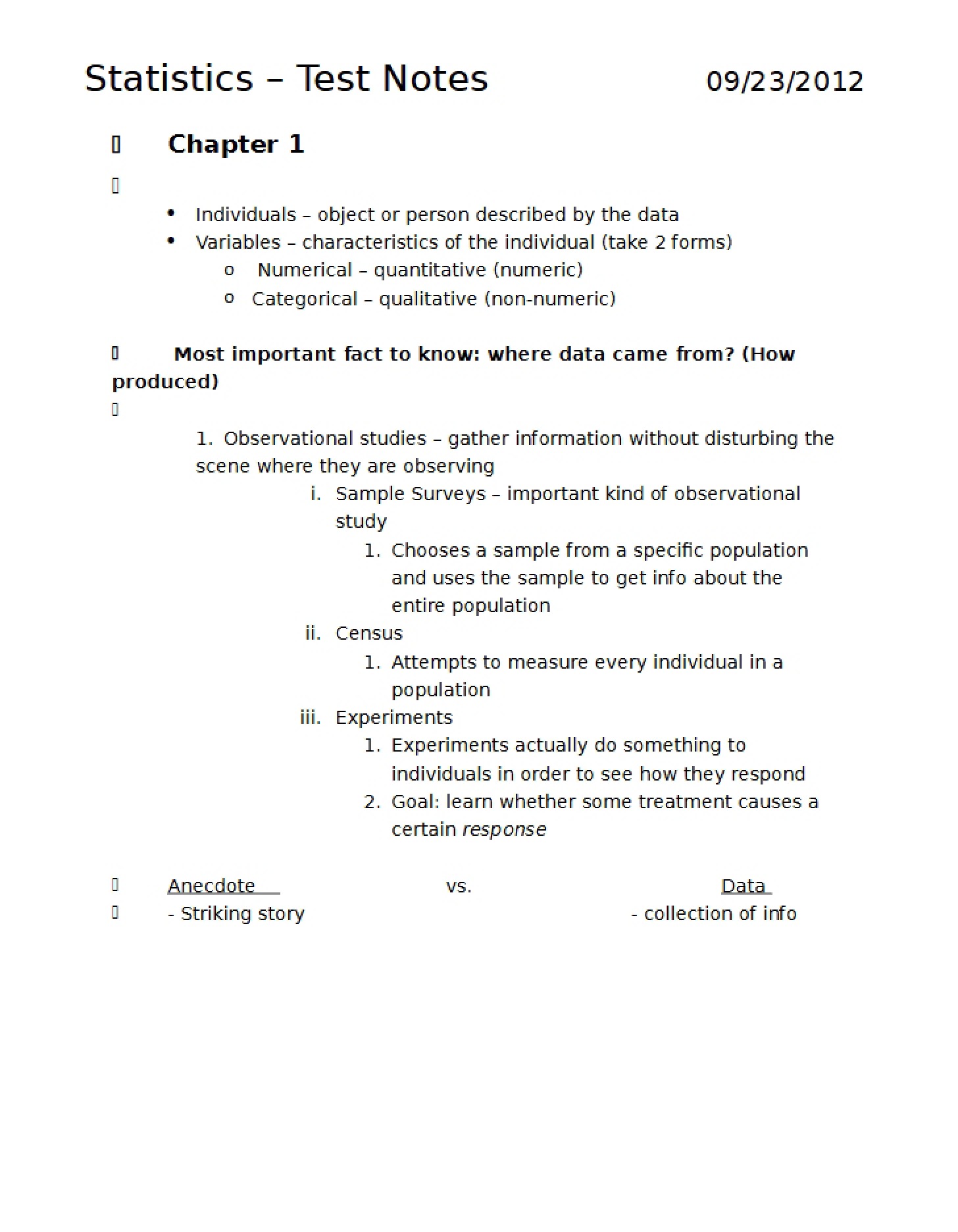 Notes for Statistics Test