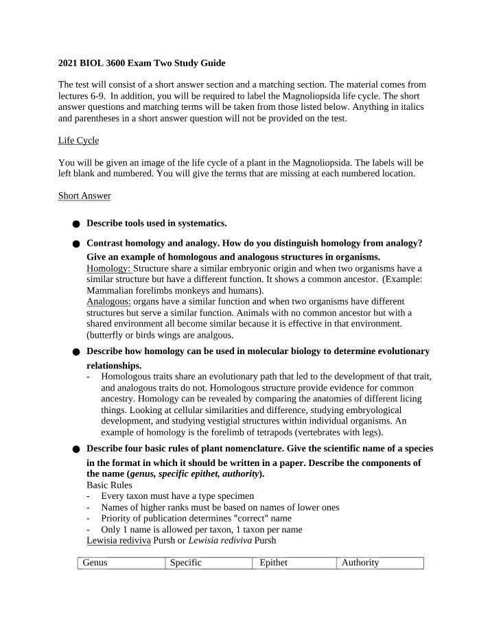 BIOL 3600 Exam 2 Study Guide - Magnoliopsida Life Cycle
