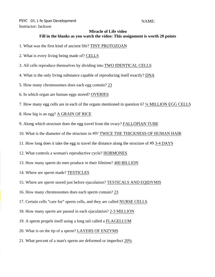 Worksheet for the Miracle of Life Video