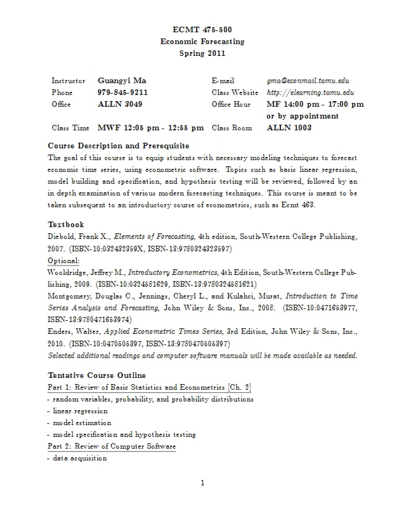 Syllabus for a Course on Economic Forecasting