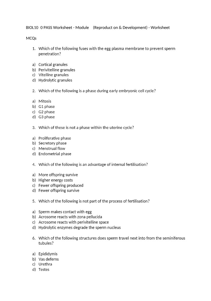 BIOL1040 Reproduction and Development - MCQs and SAQs Explained