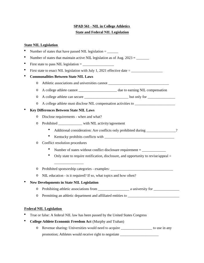 State and Federal NIL Legislation - SPAD 561 Note Sheet