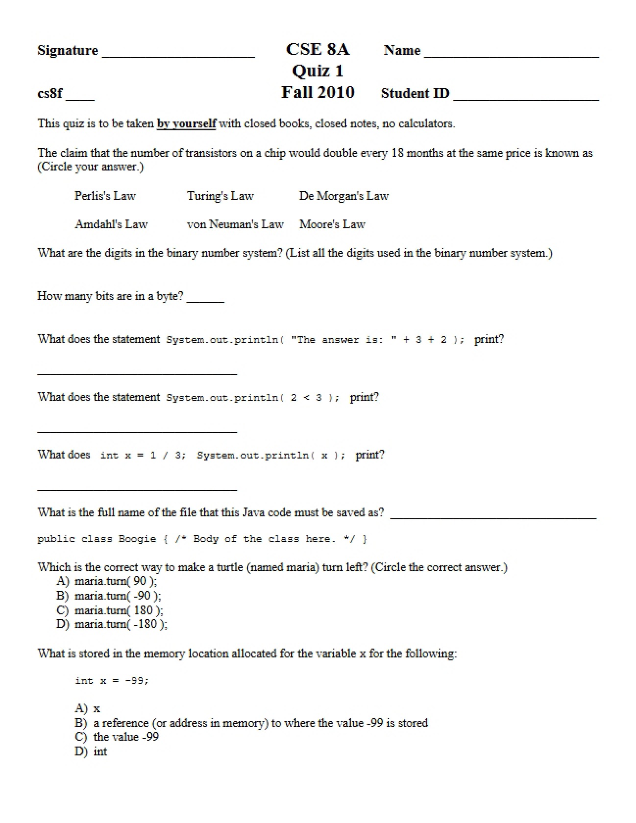 Initial Java Programming Quiz