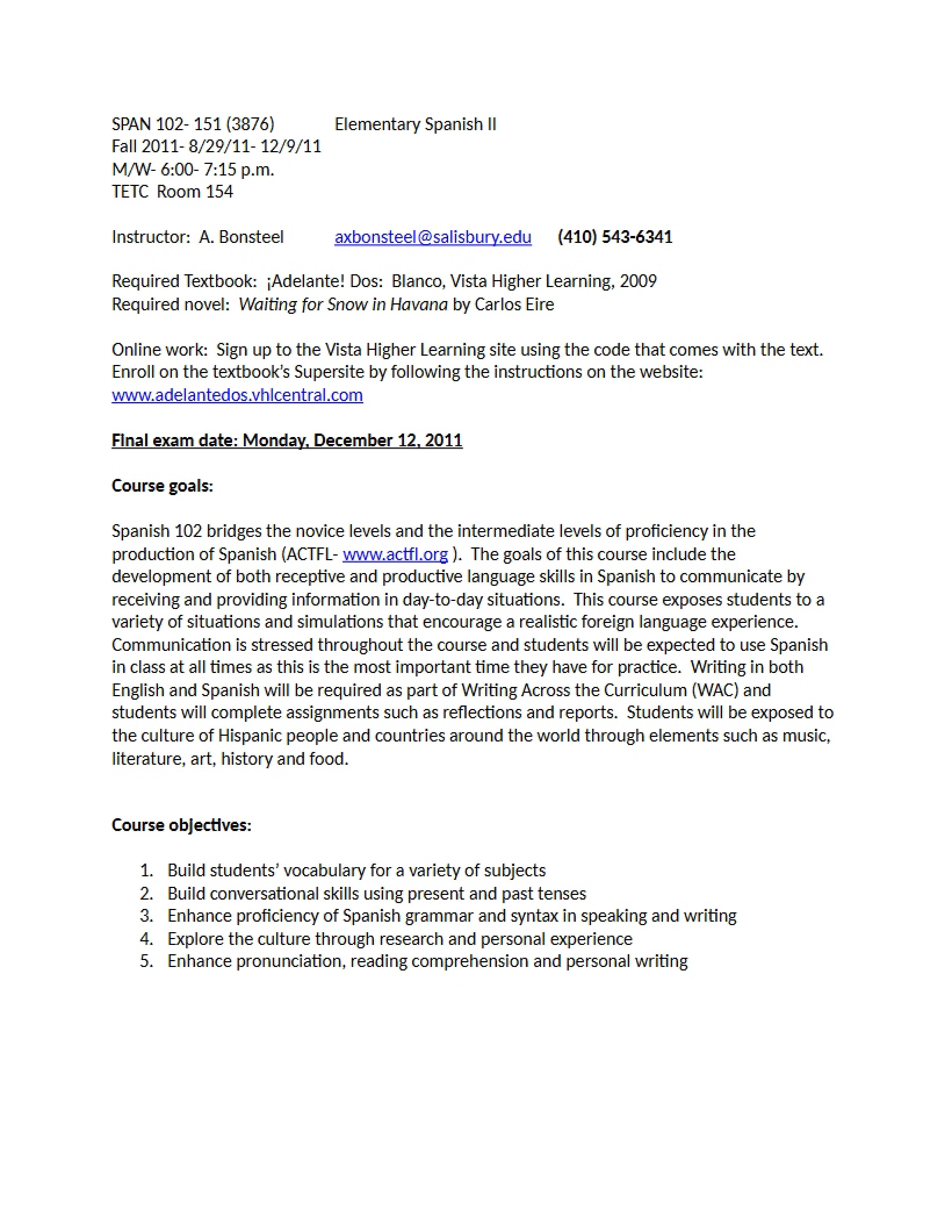 Syllabus Elementary Spanish II - SPAN 102