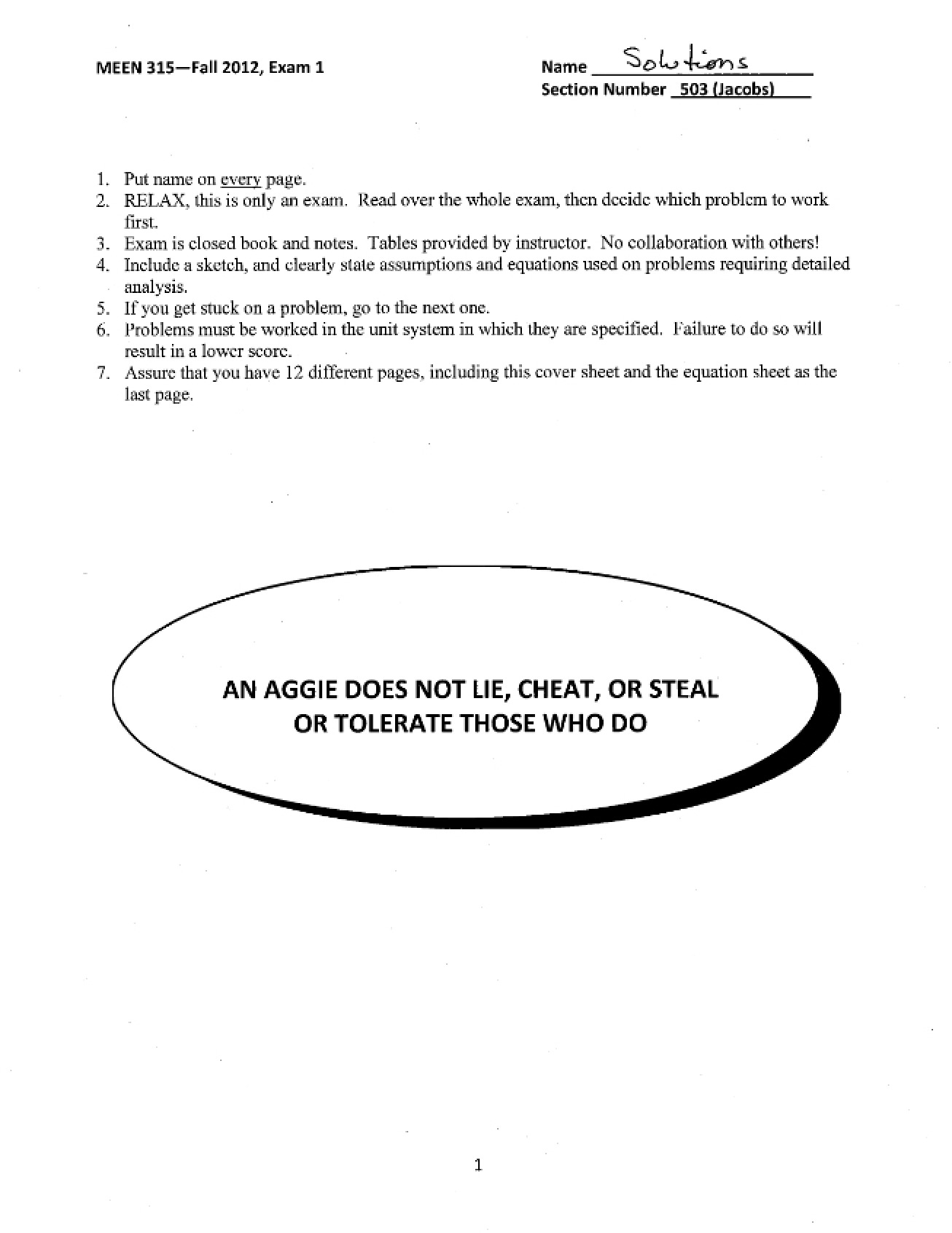 MEEN 315 Exam One Solutions (2012, Version C)