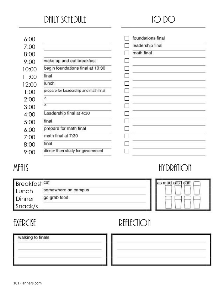 Daily Schedule for Success - Final Exams and Meals