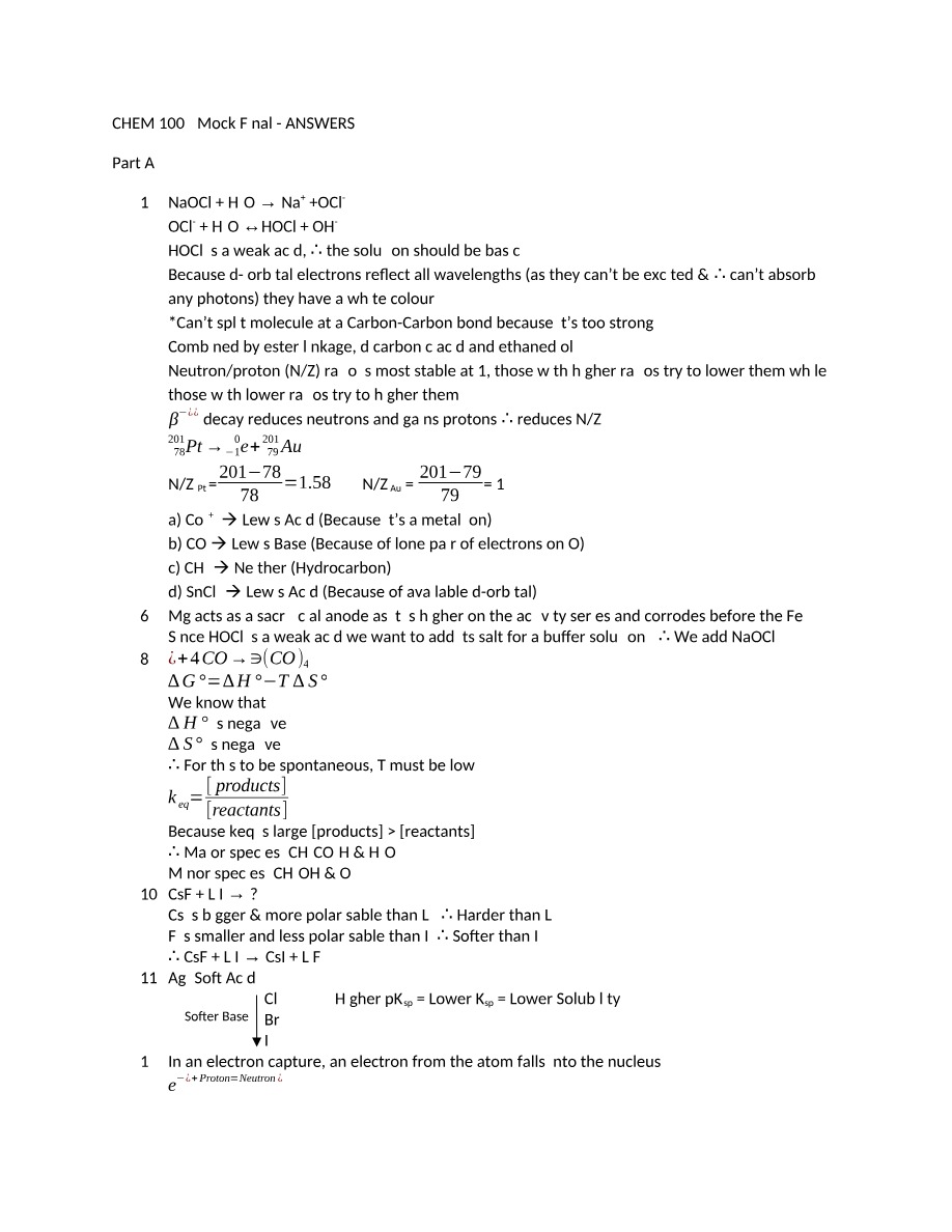 Mock Final Answers - CHEM 1002