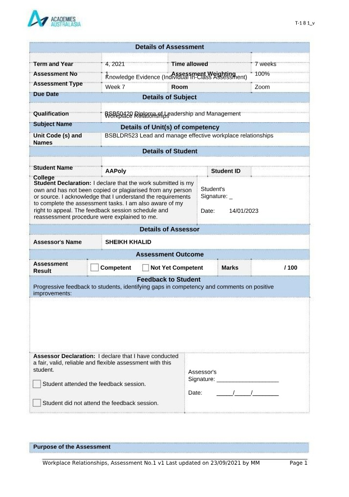 Assessment of Workplace Relationships