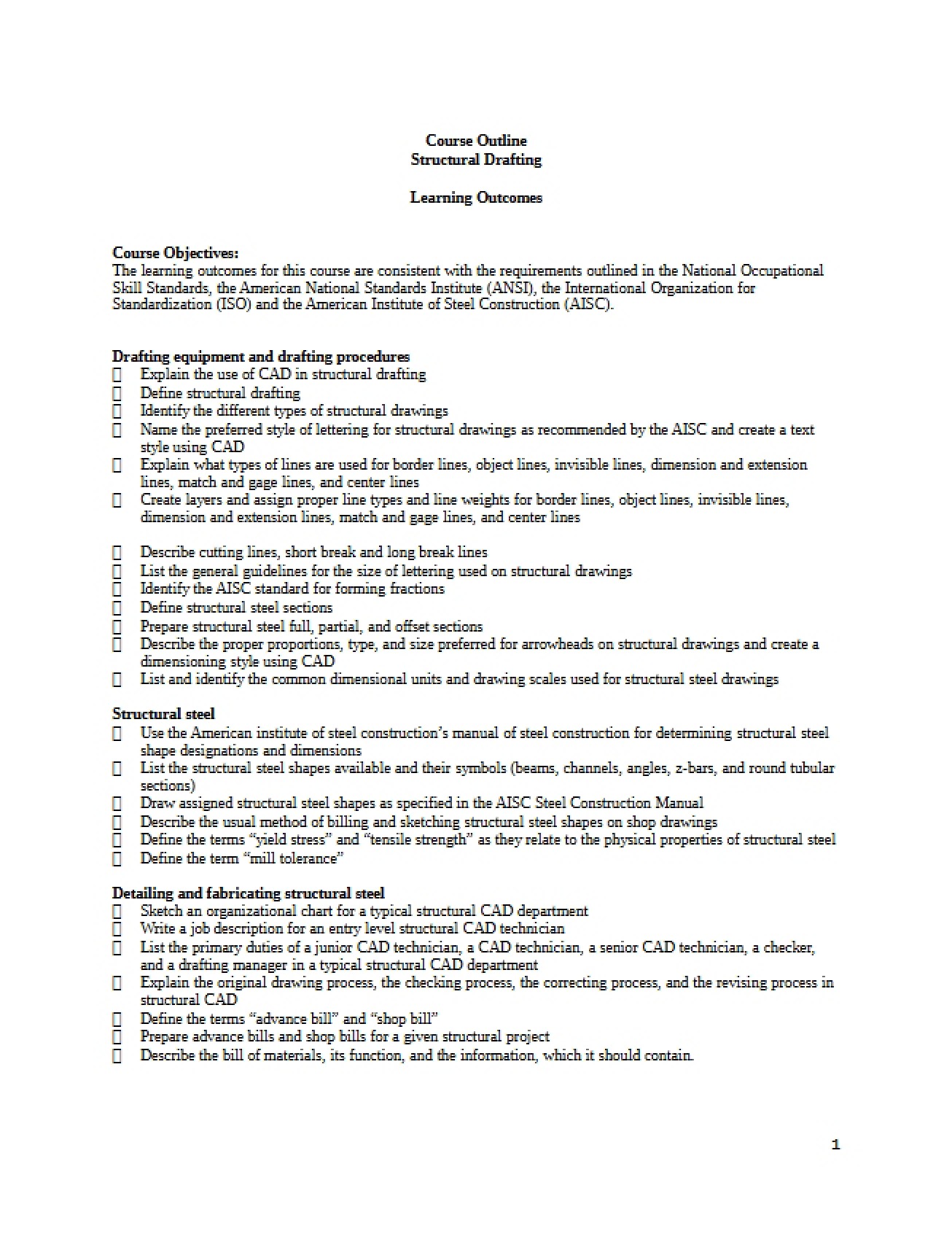 Outline for Structural Drafting Course