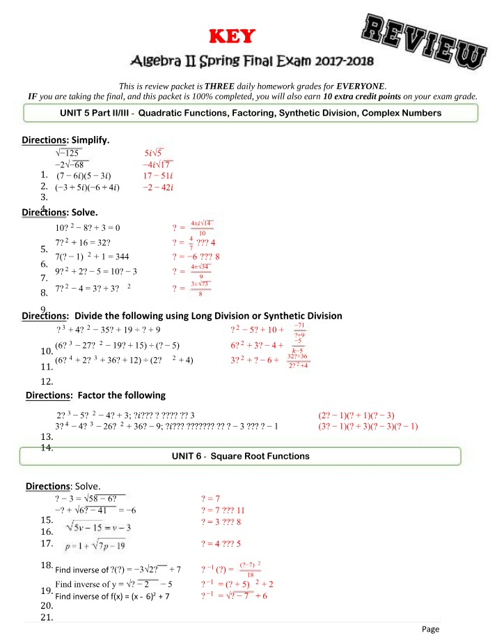 2017-18 Algebra II Final Review Key