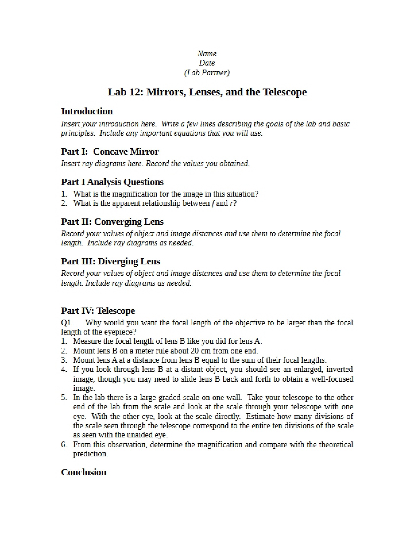 Mirrors, Telescopes, and Lenses Laboratory 12