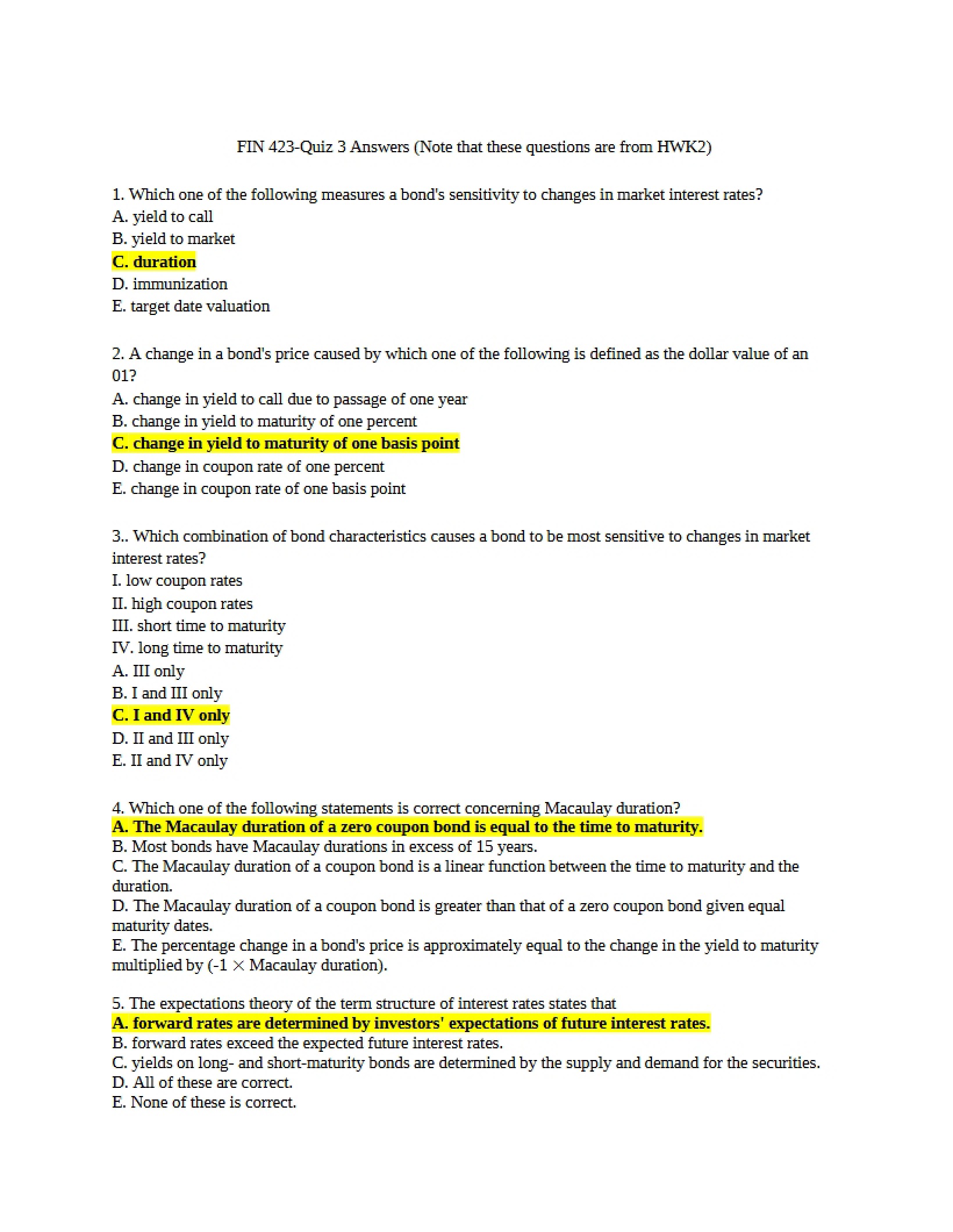 Answers for Third Quiz