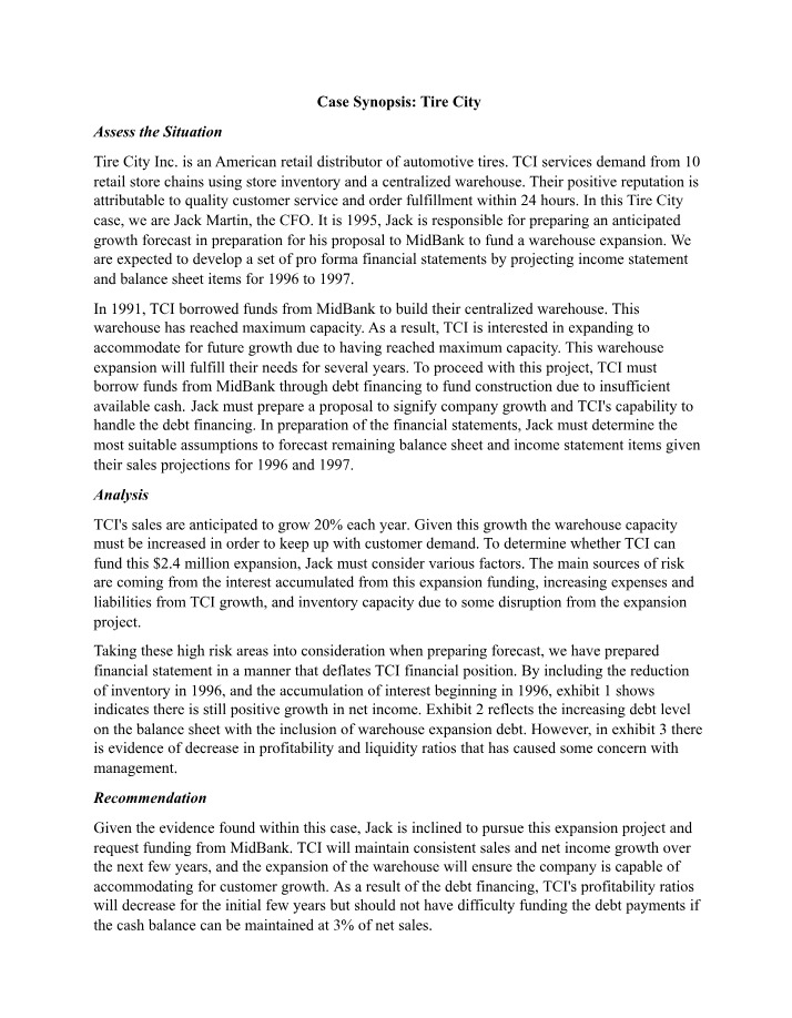 Case Study for Tire City