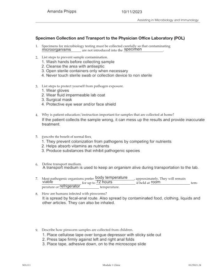 Module 1 - Specimen Collection and Transport Notes and Quiz
