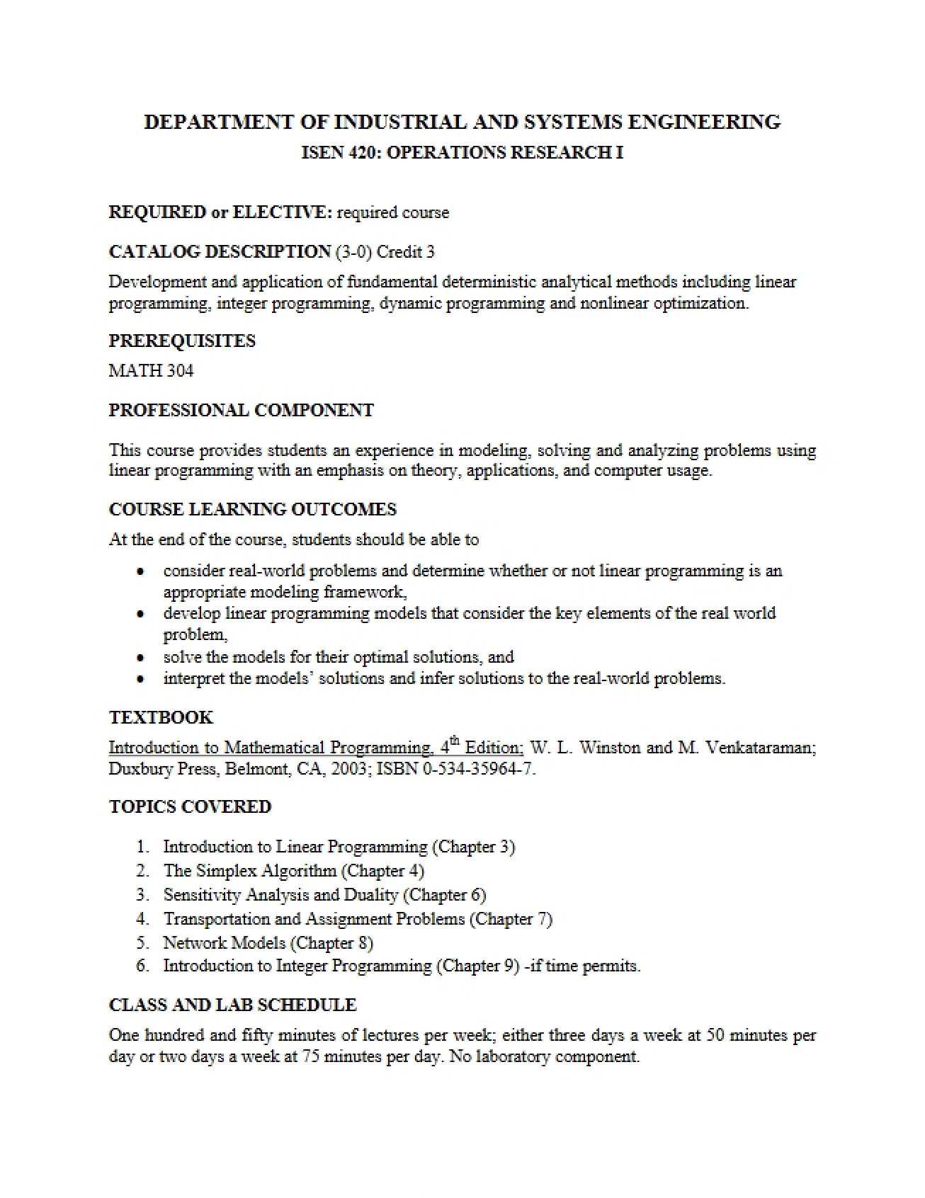 ISEN 420 Operations Research I Syllabus