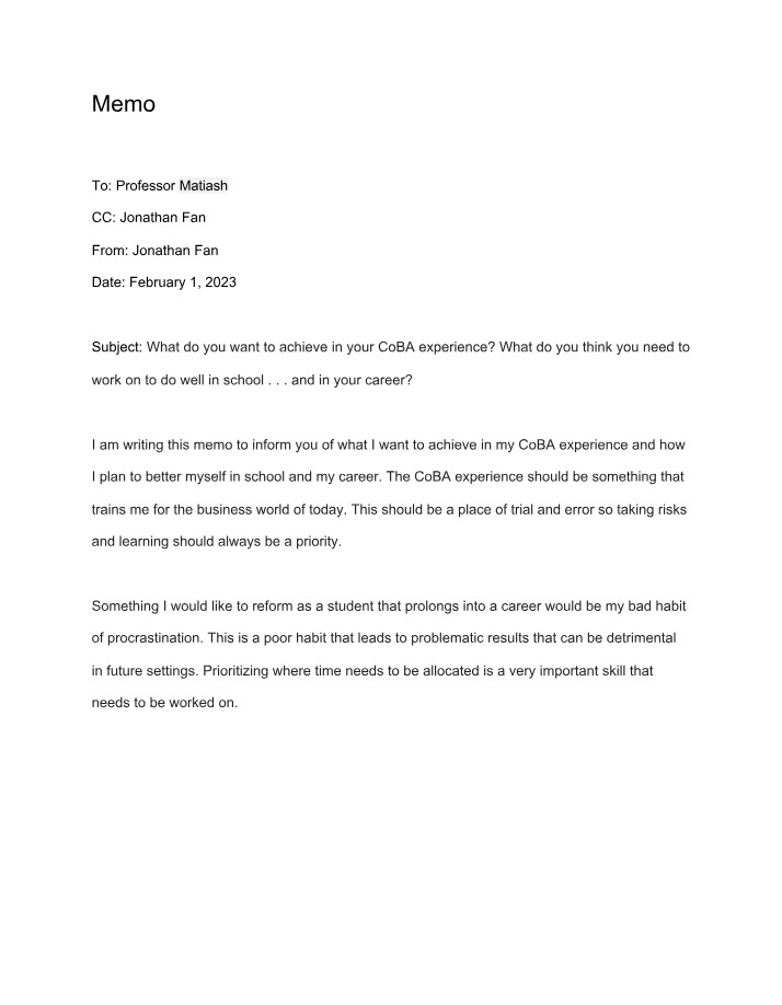 BUS 203 - Memo
