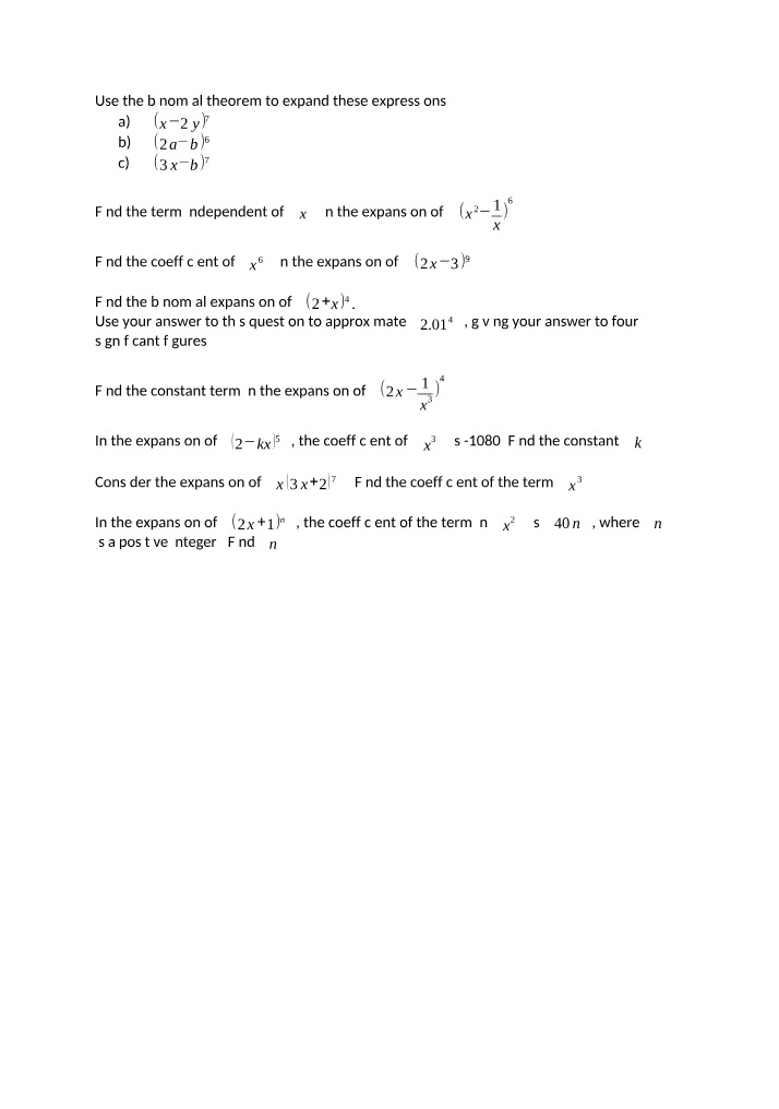 Worksheet on the Binomial Theorem