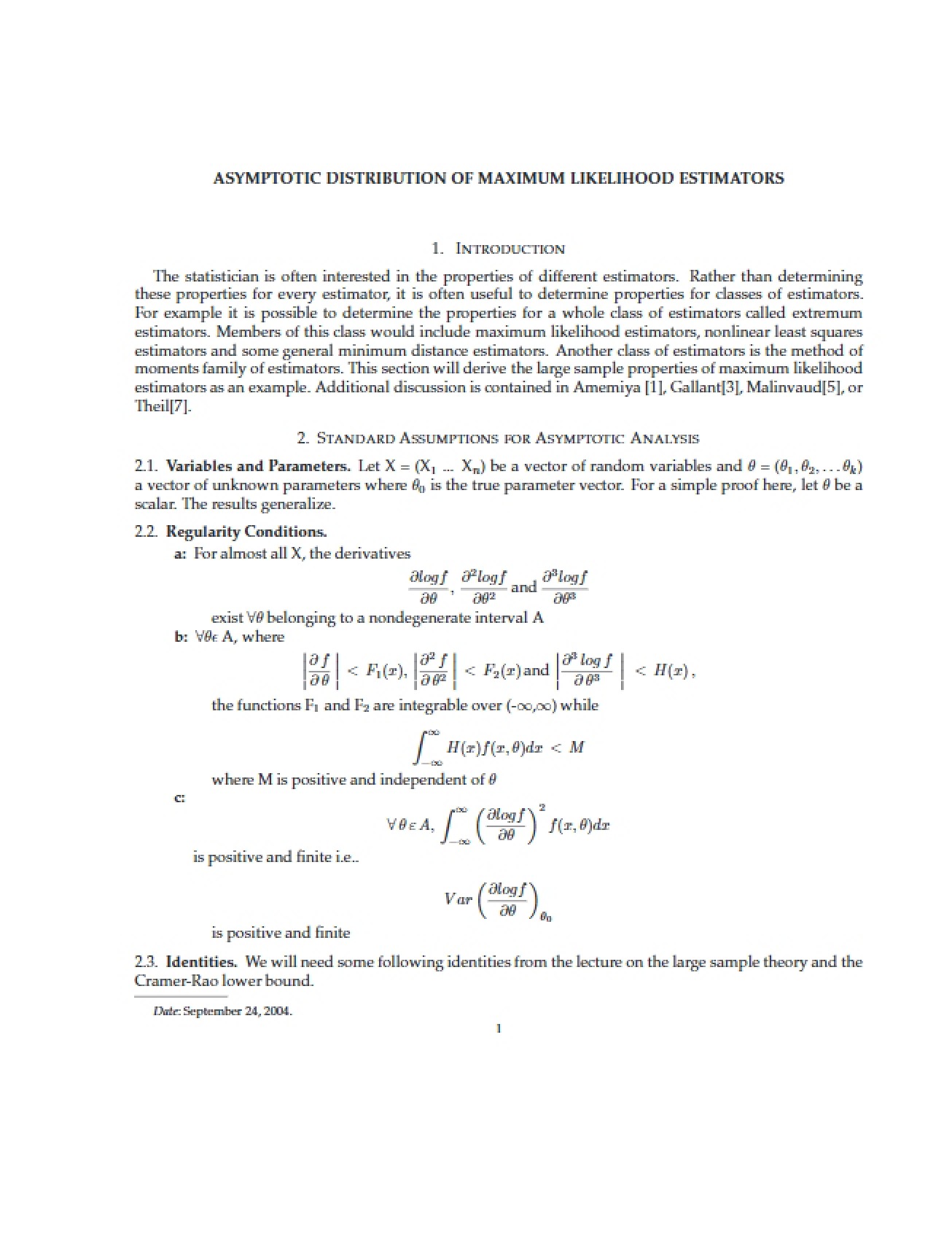 Asymptotic Distribution of Maximum Likelihood Estimators - 9 Pages